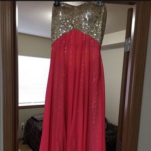 Gorgeous Strapless Gold & Coral Dress